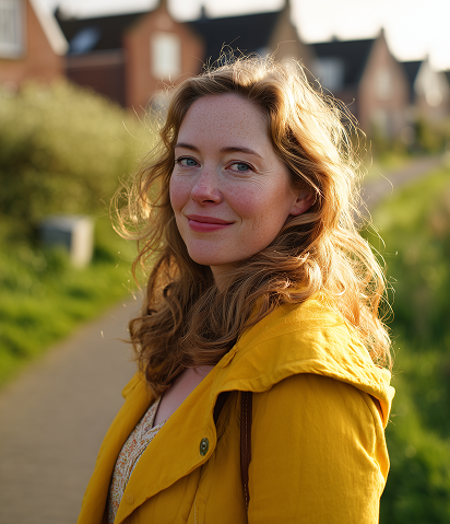 jonge vrouw loopt vrolijk door een woonwijk