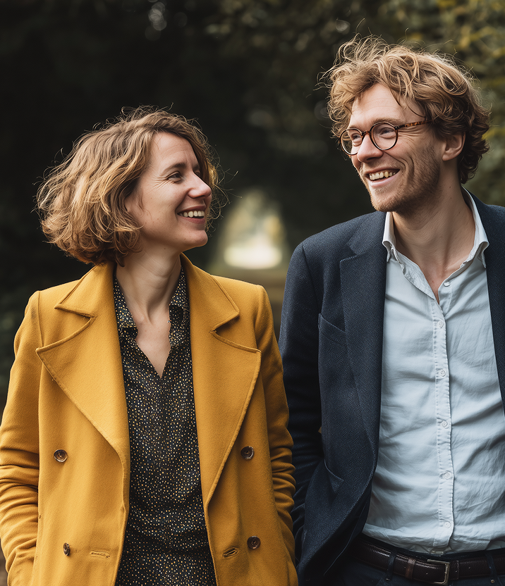 man en vrouw wandelen vrolijk door het park