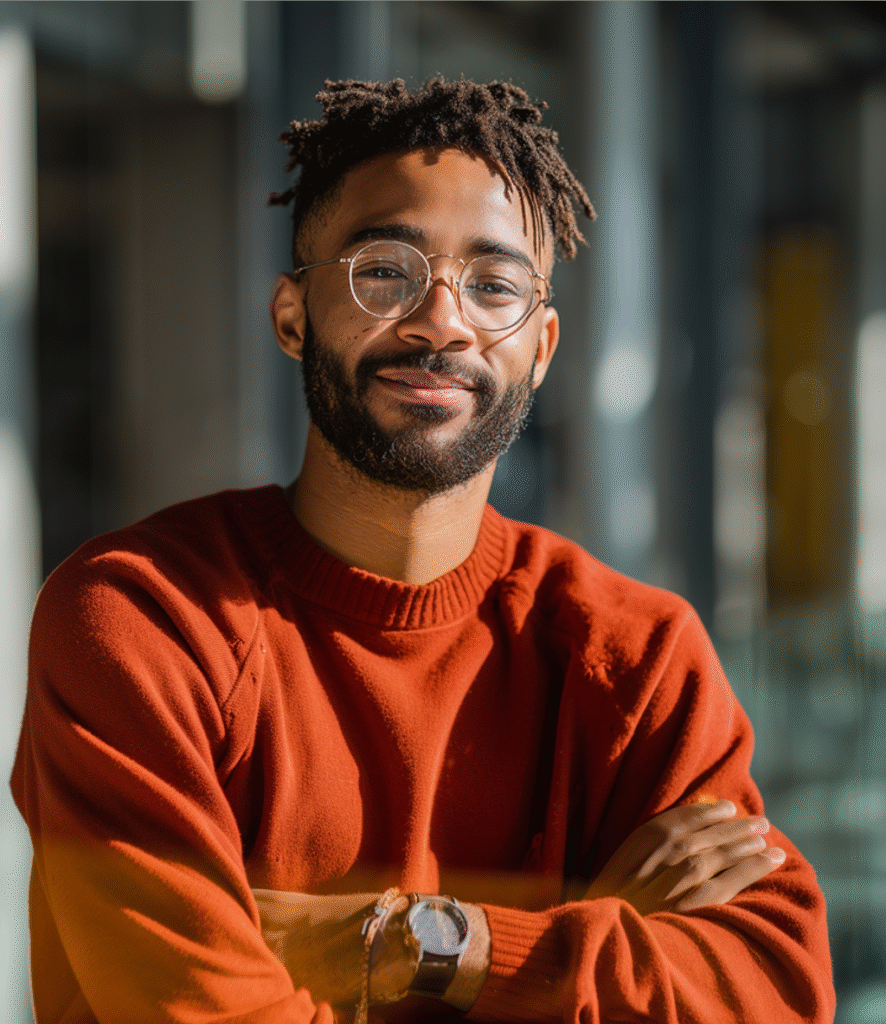 man staat binnen in een kantoor en lacht vriendelijk