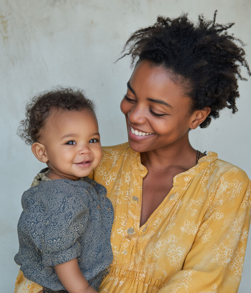 vrouw houd haar kind vast en lachen beide vrolijk